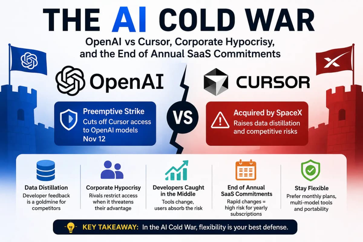 The AI Cold War — OpenAI vs Cursor after SpaceX acquisition, model access disputes, and risks of annual AI SaaS subscriptions for developers