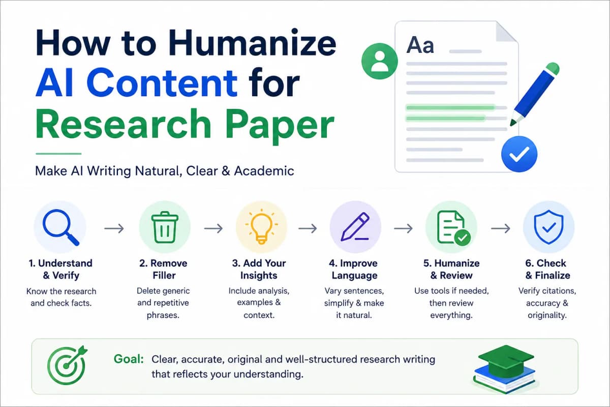 Six-step workflow to humanize AI content for a research paper: verify research, remove filler, add insights, improve language, humanize and review, then check citations and originality